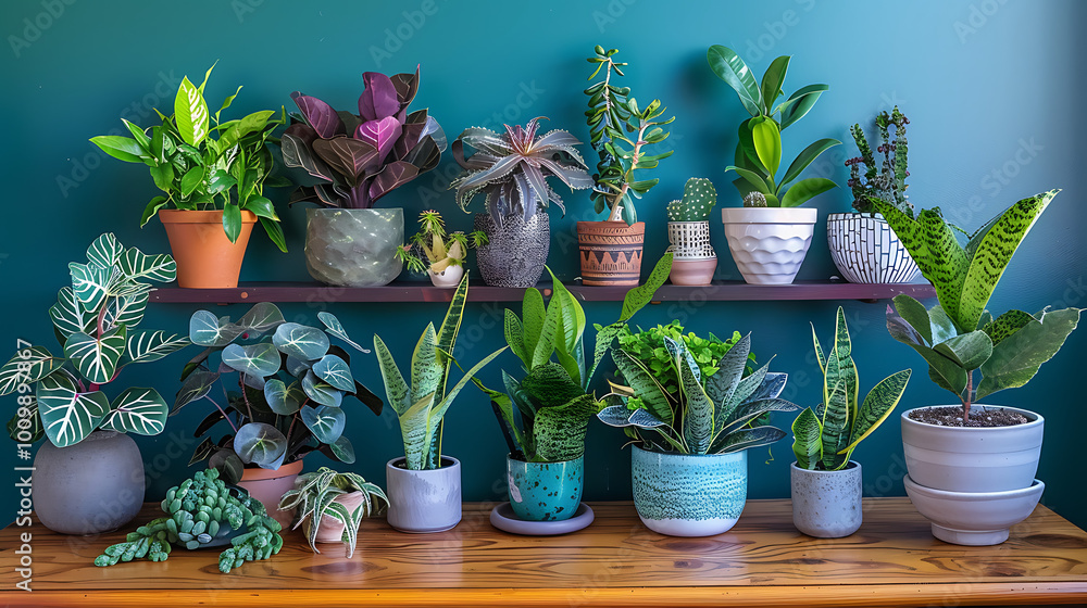 Poster a beautiful collection of indoor plants arranged on a wooden table and shelf against a teal blue wall. The plants vary in size, shape, and color, featuring broad leaves