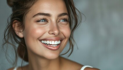 Naklejka premium Close up of a beautiful woman smiling with perfect teeth and white skin...