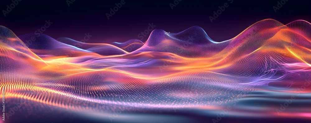 Poster a vivid abstract landscape showcasing colorful waves and smooth flowing patterns, ideal for backgrou