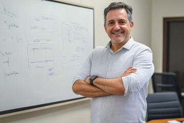 A middle-aged Brazilian professional standing proudly before a whiteboard, pointing to key points. His confident stance and authoritative presence make him an inspiring figure in a business setting.