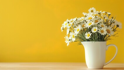 Photo of A vase with daisies and coffee on the table against yellow... © nikolettamuhari