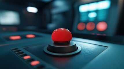 The red button, symbolizing nuclear power, is activated in a dimly lit control room filled with various monitors, signaling urgency
