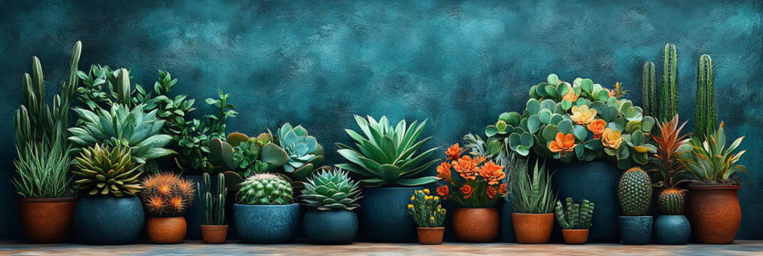 Assortment of succulents in terracotta and blue pots against a teal wall.
