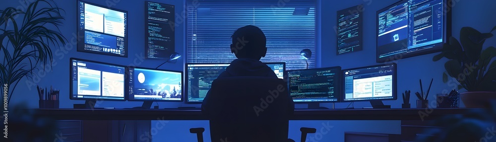 Poster a focused individual at multiple computer screens, immersed in data analysis, showcasing modern tech