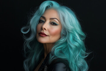 Naklejka premium A middle-aged Arabian woman with ocean-wave-styled hair in deep sea green and aquamarine, against a black backdrop. Her high-end makeup and expert lighting create a striking visual.