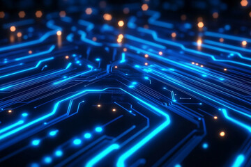 Fototapeta premium A mesmerizing futuristic blue background with neon circuit boards and dynamic abstract data flows illuminating the scene. The bright, flowing lines symbolize connectivity and the pulse of modern