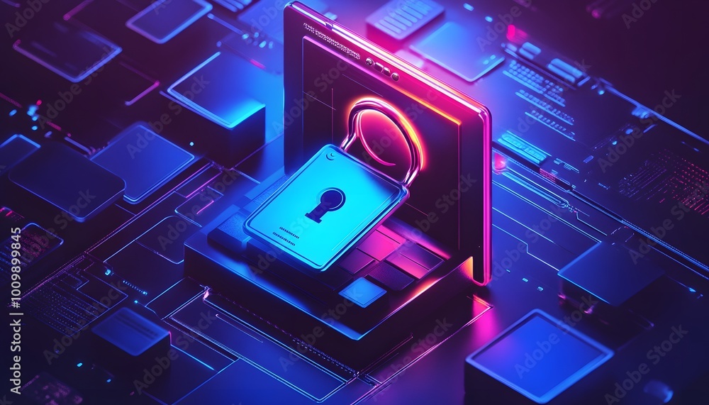 Poster a digital lock symbolizing cybersecurity, featuring vibrant neon colors and circuit patterns, ideal 