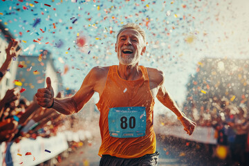 Obraz premium A middle-aged Caucasian runner crossing the finish line, displaying a mixture of fatigue and triumph. The exuberant crowd and confetti rain down, highlighting the celebration of completing the