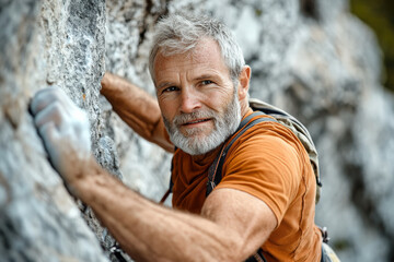 A senior Caucasian rock climber with a look of determination as he navigates a steep cliff. The rugged landscape surrounds him, emphasizing the challenges and beauty of outdoor climbing.