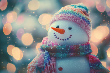A delightful snowman in colorful attire graces a serene winter scene, the backdrop illuminated by a magical bokeh effect, creating a cozy atmosphere filled with the spirit of the season.