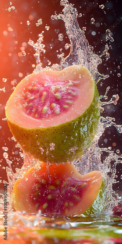Poster Fresh guava halves splash into a pool of water, creating a vibrant and refreshing scene.
