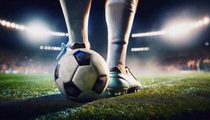 Footballer’s Feet on Field Under Stadium Lights, Ready to Play