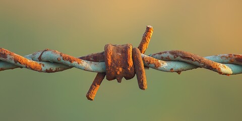 Close-up of a rusty barbed wire fence with a blurred green and brown background, representing migration issues and border control