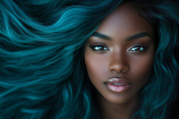 Fototapeta premium Close-up of a young African American woman with hair flowing like ocean waves in hues of teal and sapphire, set against a solid black background. The professional lighting and makeup highlight her