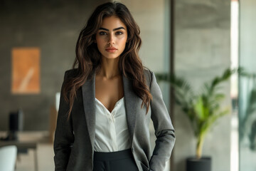 Fototapeta premium A young Arabian woman in a blazer and dress pants, displaying a fierce look as she stands confidently in a modern office. Her expression communicates her strong presence in the business world.