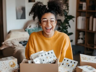 Joyful woman unpacks gifts with excitement, surrounded by boxes and cheerful packaging in cozy indoor setting.