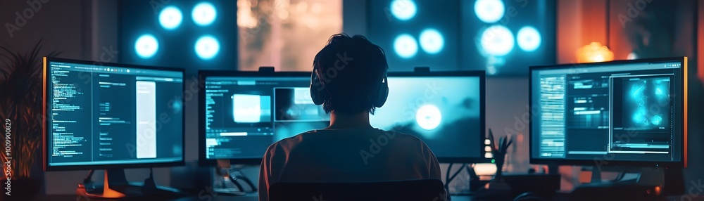 Poster a focused individual working at multiple computer screens in a dimly lit room, showcasing coding and