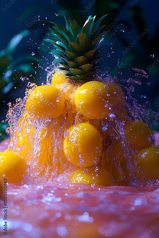 Poster a pineapple and a pile of oranges are splashed with water. the water droplets create a mesmerizing e