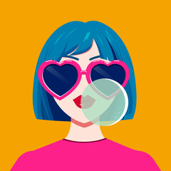 Nice girl inflating a bubble from a chewing gum. Young smiling girL with heart-shaped glasses and blue hairs.