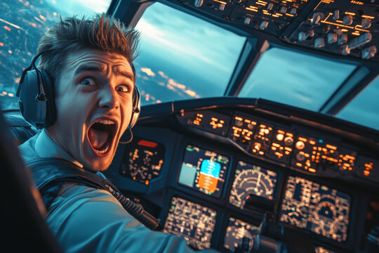 A young Caucasian pilot with a humorous look of panic while communicating with his co-pilot in the cockpit. The dynamic setting and his expression create a funny aviation moment.
