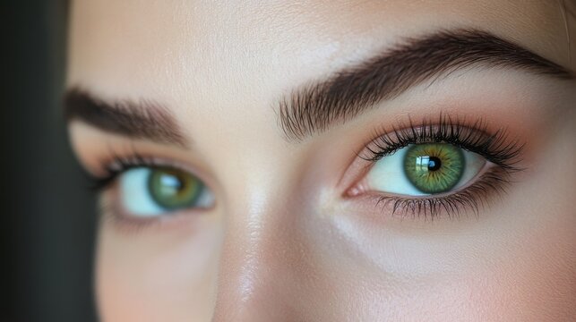 Close-up of womans face with perfect makeup and green eyes. 