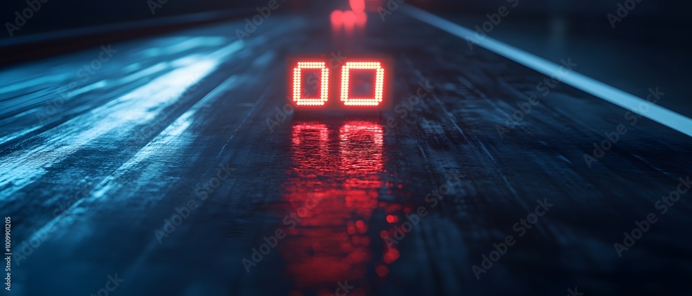 Poster a close-up of a digital display showing zeros on a reflective surface, adorned with vibrant blue and