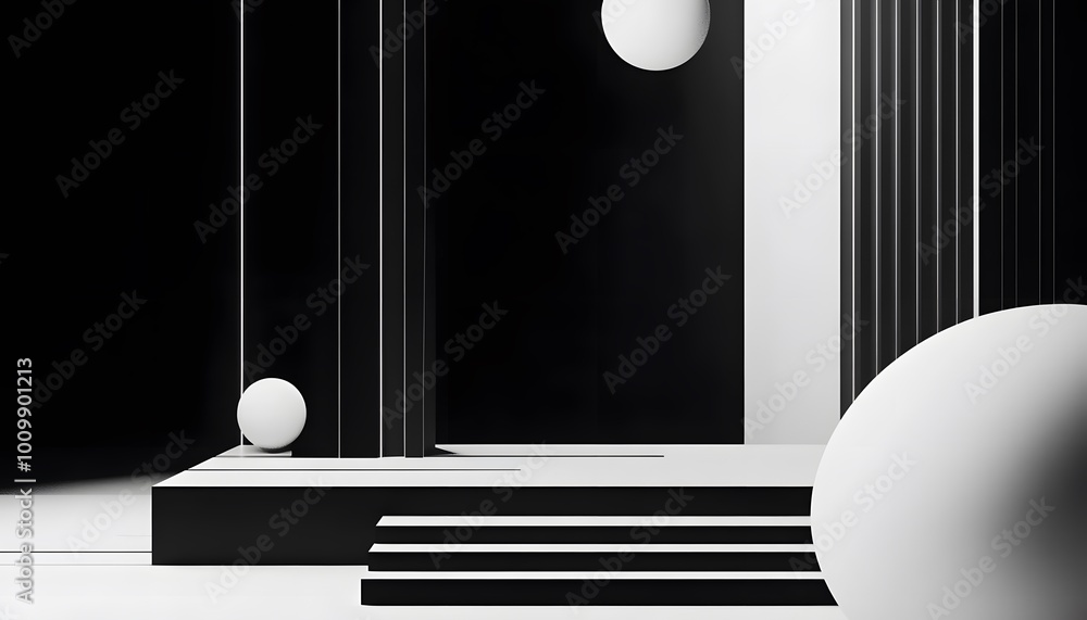 Poster minimalist black and white abstract composition featuring geometric forms, creating a striking visua