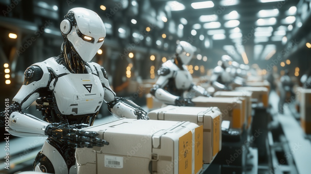 Poster advanced robotic systems collaborate seamlessly to sort and package items in a high-tech warehouse, 