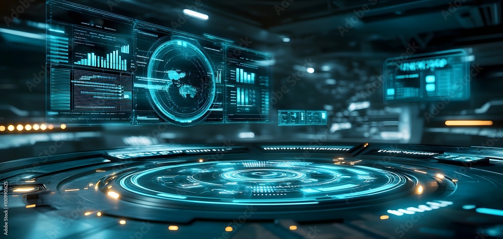 Poster futuristic control room with digital interfaces and holographic displays showcasing advanced technol