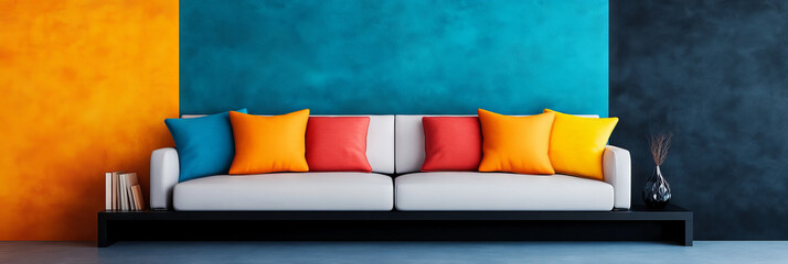 A modern living room with a white couch against a colorful wall.