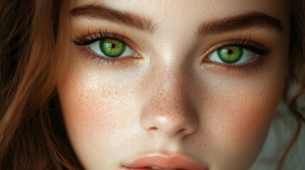 Fototapeta premium Makeup Beauty close-up portrait of young women with green eyes, skincare, cosmetics, perfect eyelashes.