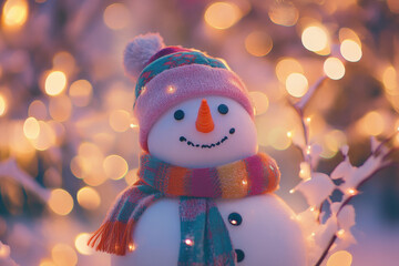 A delightful snowman in colorful attire graces a serene winter scene, the backdrop illuminated by a magical bokeh effect, creating a cozy atmosphere filled with the spirit of the season.