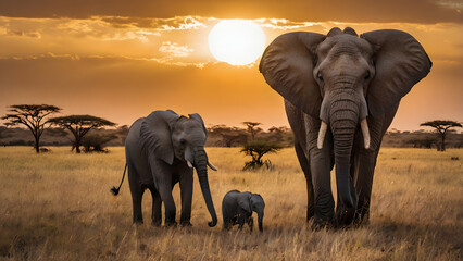 Obraz premium Elephant Family Walking on the African Savannah at Dusk: Fabulous Wildlife Photography and Safari Adventure generative ai