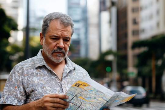 A middle-aged Brazilian man in a semi-formal shirt, standing at a crossroads with a thoughtful expression, weighing his options as he looks at a city map.