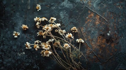 Fototapeta premium A group of tiny white blossoms rest atop a darkened background with a weathered metal backdrop nearby