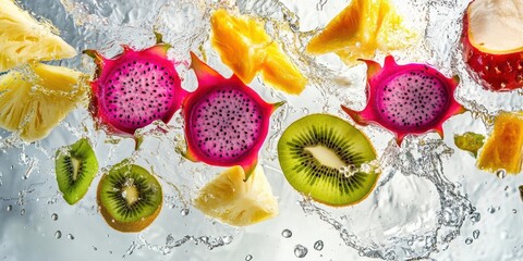 Vibrant fruits splashing in water, showcasing freshness and vitality.