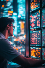 Obraz premium A young adult Caucasian stock trader, intently watching market movements on multiple screens, with a vibrant neon city skyline shining through the windows, capturing the thrill of trading.