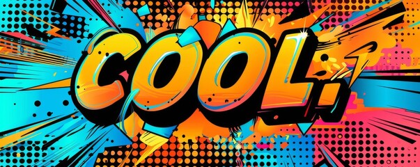 Energetic pop art background featuring "COOL." Comic book elements, Bold patterns, Bright vector