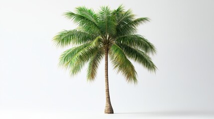 A solitary coconut palm tree against a white backdrop, with lush tropical leaves.