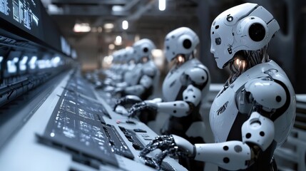 Fototapeta premium A highly advanced factory features robotic workers overseeing various production systems while analyzing operational data in real-time, showcasing automation in action