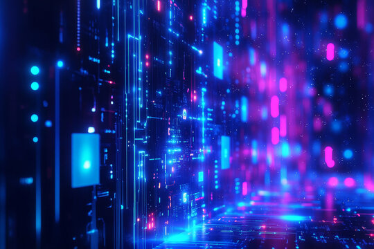 An immersive blue backdrop showcasing glowing neon circuit patterns interwoven with flowing abstract data streams. The vivid colors and sleek designs evoke a sense of advanced technology and digital