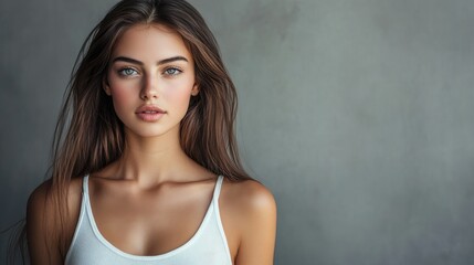 Naklejka premium Health and Medicine Concepts - A woman wearing a white t-shirt in support of breast cancer.
