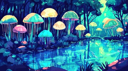  A painting depicts a cluster of jellyfish in a pond surrounded by trees and water in the foreground