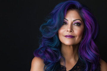 Fototapeta premium A senior Hispanic woman with bold oceanic hair styled in deep blue and violet waves, against a black background. Her flawless makeup and professional lighting enhance her powerful look.