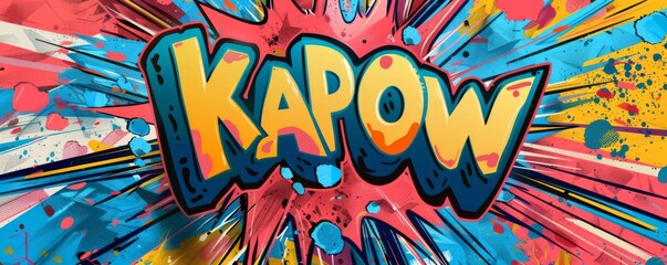 Colorful pop art background with "KAPOW" inside. Comic book style, Explosion theme, Vibrant vector