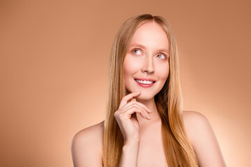 Photo of shiny tricky lady nude shoulders finger chin look emtpy space isolated beige color background