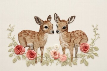 2 cute dears wear cloth holding roses embroidery wildlife pattern.