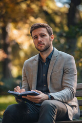 Fototapeta premium A young adult Caucasian man in smart casual attire, sitting on a park bench, with a pensive look as he sketches ideas in a notebook, surrounded by nature.