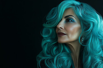 Fototapeta premium A middle-aged Arabian woman with ocean-wave-styled hair in deep sea green and aquamarine, against a black backdrop. Her high-end makeup and expert lighting create a striking visual.