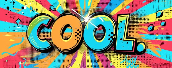 Playful pop art background featuring "COOL." Dynamic patterns, Comic book elements, Bright vector